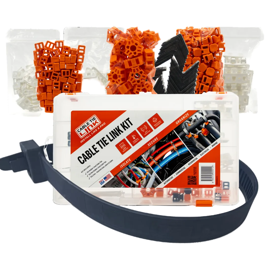 Cable tie link kit with various colored cable ties on a white background