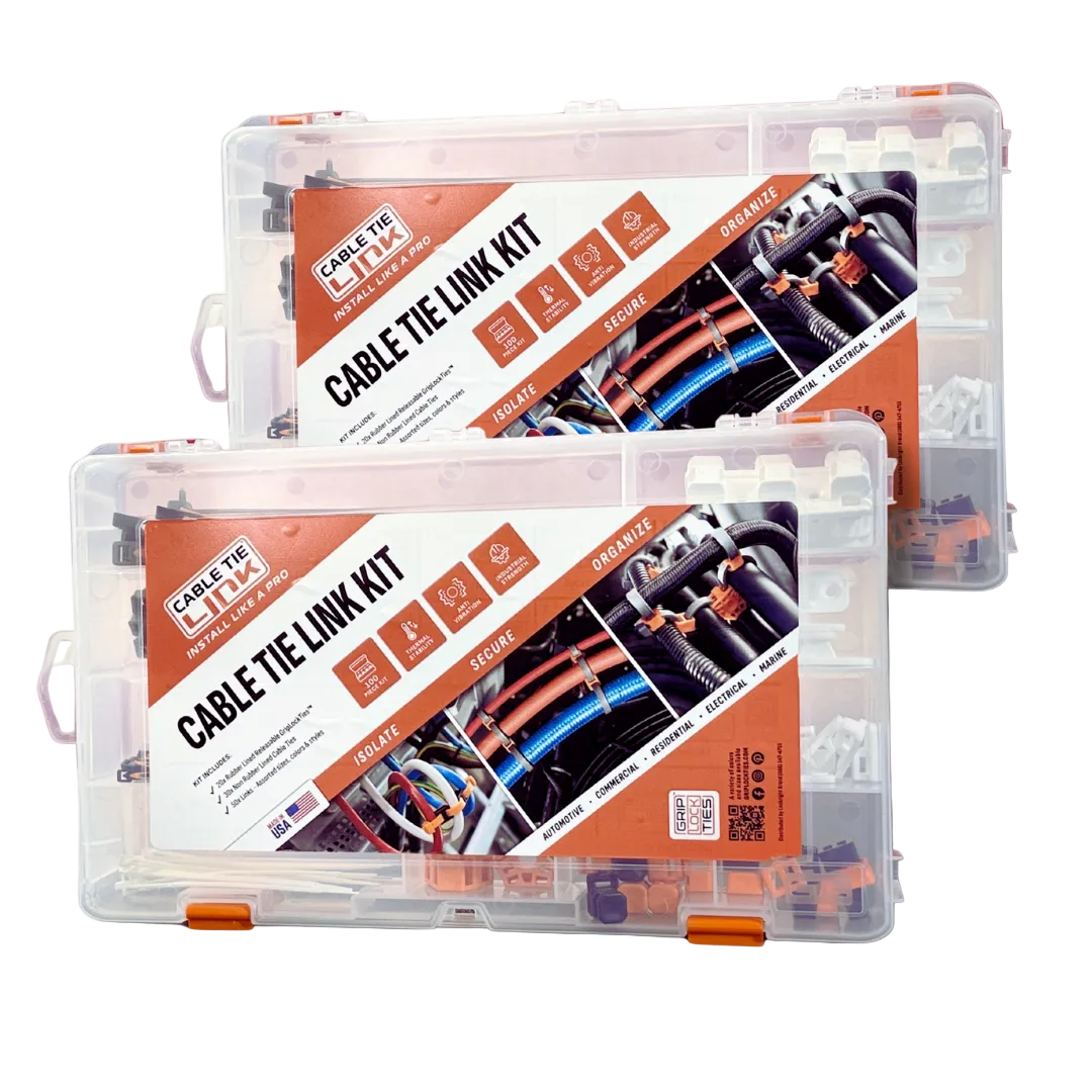Two cable tie link kits with clear plastic cases on a white background