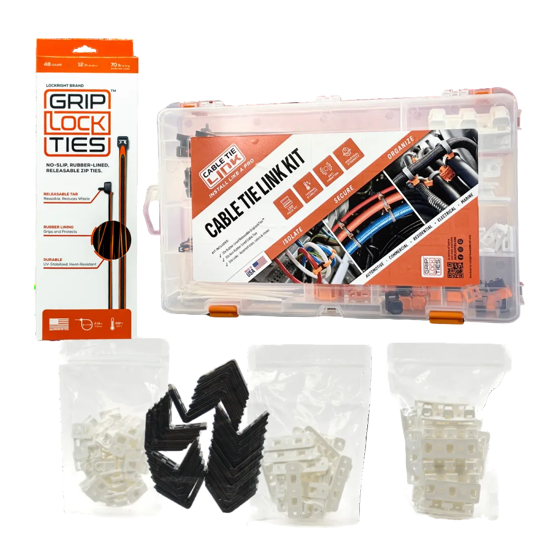 cable tie link kit with packaging and components on a white background and Grip Lock Ties