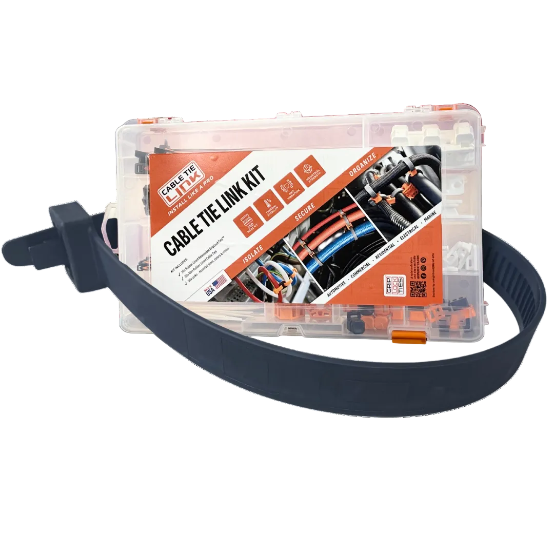 Cable tie link kit with clear plastic case and black strap on a white background